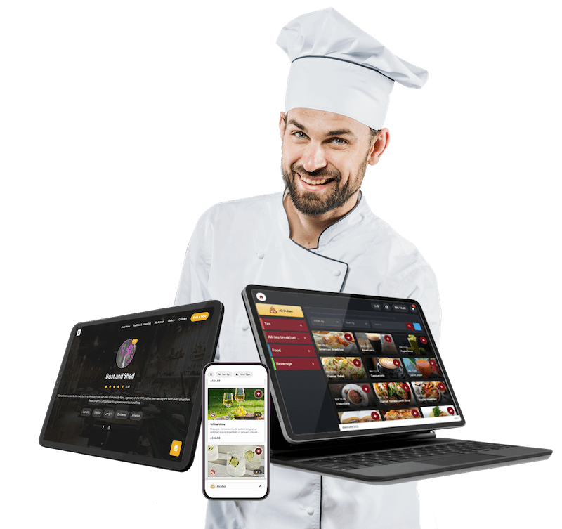 Restaurant chef using an AI-powered restaurant POS system with online ordering and QR ordering displayed on multiple devices.