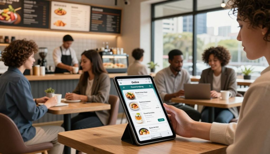 A bustling café setting inspired by the vibrant culture of Australia, showcasing a sleek tablet or smartphone displaying an online food ordering app in the foreground. Include a diverse group of professionally dressed people, engaged in conversation and reviewing the menu on the device, radiating enthusiasm and collaboration. The middle ground features a modern café interior with stylish furniture, a barista preparing coffee, and a menu board showcasing various cuisines. In the background, subtle hints of the city skyline through large windows, bathed in warm, inviting natural light that enhances the atmosphere of efficiency and modernity. Capture a lively, engaging mood that emphasizes the ease and convenience of online ordering systems for local businesses.