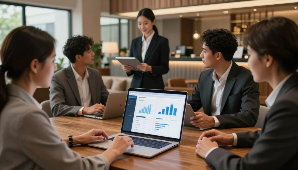 A bustling hospitality software interface displayed on a sleek modern laptop, sitting on a stylish wooden desk in a contemporary hotel reception area. The foreground features a diverse group of professionals in business attire, actively discussing the software's features while analyzing graphs and charts on the laptop screen. In the middle ground, a friendly receptionist interacts with a digital tablet, seamlessly checking in guests. The background reveals a warm and inviting hotel lobby, adorned with elegant lighting and comfortable seating. Soft, natural light filters through large windows, enhancing the welcoming atmosphere. Shot from a slightly elevated angle to capture the cooperative spirit and technological sophistication, evoking a mood of efficiency and modern elegance in hospitality management.