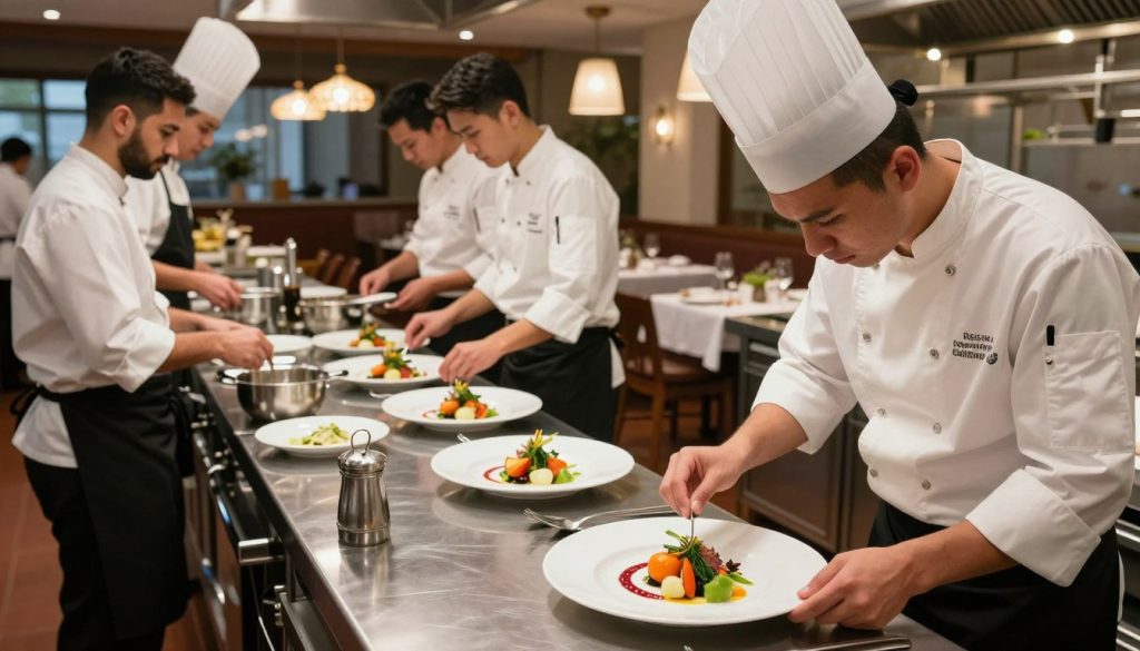 A bustling restaurant kitchen during peak hours, showcasing the intricate operations of hospitality. In the foreground, a chef in a white uniform expertly garnishes a dish, with vibrant vegetables and sauces elegantly arranged. In the middle, a team of staff in professional attire collaborate at a service station, preparing orders with efficiency and focus. The background features an open dining area filled with elegantly set tables, warmly lit by pendant lights that create a welcoming ambiance. The scene is captured from a slightly elevated angle to provide depth, highlighting the dynamic energy. Soft, natural lighting enhances the atmosphere, while the overall mood conveys professionalism, teamwork, and the art of restaurant operations. A bustling restaurant kitchen during peak hours, showcasing the intricate operations of hospitality. In the foreground, a chef in a white uniform expertly garnishes a dish, with vibrant vegetables and sauces elegantly arranged. In the middle, a team of staff in professional attire collaborate at a service station, preparing orders with efficiency and focus. The background features an open dining area filled with elegantly set tables, warmly lit by pendant lights that create a welcoming ambiance. The scene is captured from a slightly elevated angle to provide depth, highlighting the dynamic energy. Soft, natural lighting enhances the atmosphere, while the overall mood conveys professionalism, teamwork, and the art of restaurant operations.