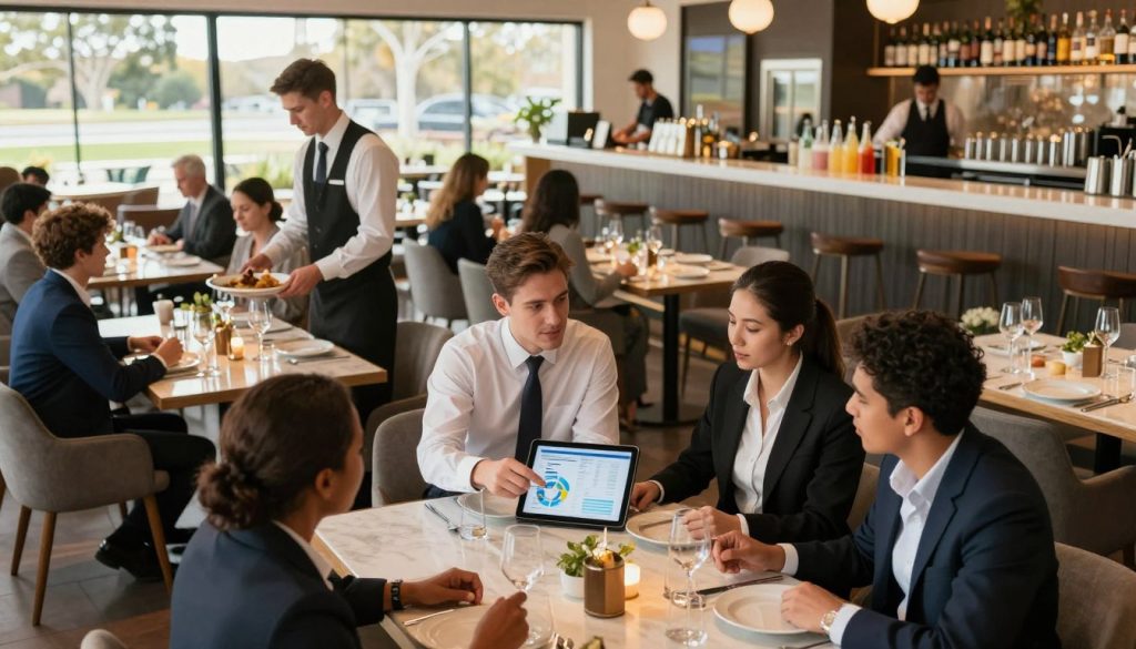 A busy restaurant management scene set in a contemporary Australian eatery. In the foreground, a diverse group of professional restaurant managers are engaged in a strategic meeting. They are dressed in smart business attire, discussing a tablet with graphs and analytics. In the middle ground, staff members are serving customers at tables decorated with elegant table settings, highlighting the restaurant's vibrant atmosphere. The background features a stylish bar with an array of drinks, and large windows showcasing a sunny Australian landscape outside. Soft, warm lighting creates an inviting ambiance. The perspective is slightly angled from above, conveying a sense of collaboration and energy, perfect for illustrating effective restaurant management strategies.