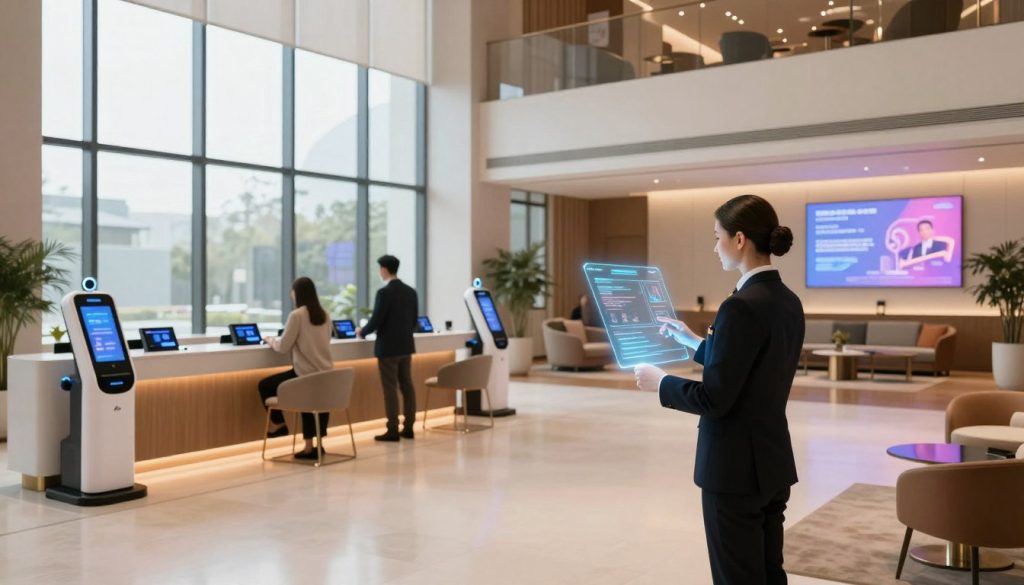 A futuristic hotel lobby showcasing advanced hospitality technology. In the foreground, a professional concierge wearing smart attire interacts with a holographic interface displaying personalized guest information. The middle ground features a stylish check-in area with digital kiosks and AI-driven robots assisting guests. Light from large, modern windows illuminates the space, creating a warm and welcoming atmosphere. The background reveals a sleek lounge area with contemporary furniture and interactive digital displays projecting personalized advertisements based on guest preferences. The setting has a clean, minimalistic design emphasizing innovation, with soft lighting and a blend of neutral and vibrant colors to evoke a sense of comfort and high-tech sophistication.