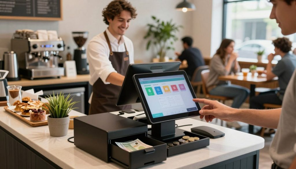 A modern POS system station set in a busy Australian café. In the foreground, a sleek touchscreen terminal displays a user-friendly interface with colorful icons, surrounded by a cash drawer slightly open, displaying notes and coins. In the middle, a barista in professional attire interacts with the system, taking orders with a smile. Various coffee-making equipment and freshly baked goods are visible on the counter, adding to the café's vibrant atmosphere. The background features patrons enjoying their drinks at wooden tables with potted plants, emphasizing a warm and inviting environment. Soft natural light pours in through large windows, creating a cozy ambiance. The composition captures the importance of seamless transactions in a bustling hospitality setting.