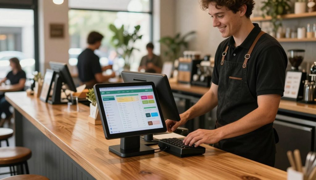 A modern Point of Sale (POS) system setup in a stylish Australian café environment. In the foreground, a sleek touchscreen POS terminal on a polished wooden counter displays vibrant sales data and menu options. The middle layer features a friendly barista in a professional black apron, attentively processing an order while using the POS system. In the background, the café exudes a warm atmosphere with natural light streaming through large windows, highlighting cozy seating and greenery. The image captures the hustle and bustle of a busy café, showcasing the integration of technology in hospitality. Use soft, inviting lighting to convey a welcoming mood, shot from a high angle to include both the POS and the dynamic café setting.