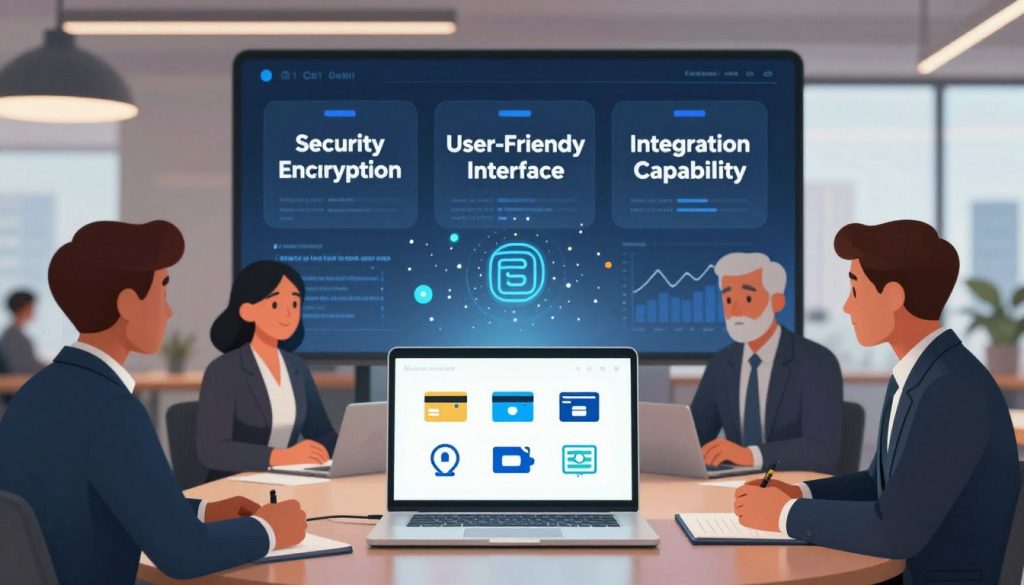 A modern and professional illustration of secure payment gateway options for hospitality operators. In the foreground, depict a sleek laptop displaying various payment icons (credit card, mobile payment, digital wallets), surrounded by a diverse group of business professionals in smart attire, discussing ideas. In the middle ground, include a large digital screen highlighting key features like "Security Encryption," "User-Friendly Interface," and "Integration Capability," with subtle animations or light flickers. The background should feature a contemporary office space with soft, ambient lighting and large windows revealing an urban skyline. Capture a collaborative and optimistic atmosphere, emphasizing innovation and trust in digital payment solutions, with a focus on clarity and professionalism.