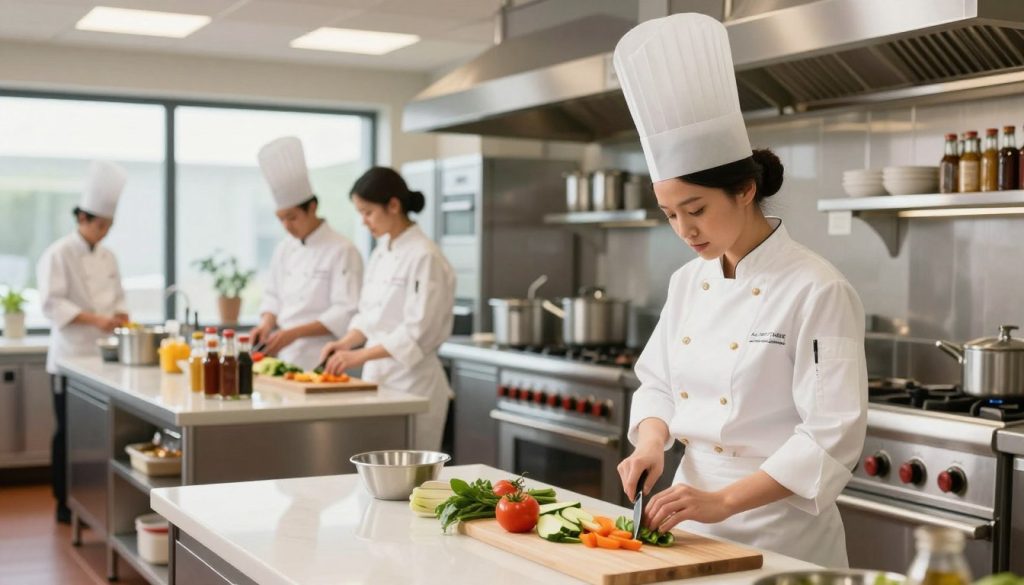 A modern, efficient kitchen environment showcasing streamlined processes. In the foreground, a professional female chef in a crisp white coat, wearing a chef's hat, expertly chopping vegetables on a clean, expansive countertop. In the middle ground, a state-of-the-art kitchen with stainless steel appliances, organized prep stations, and a well-stocked spice rack, all reflecting meticulous order. The background features an open layout with large windows allowing natural light to pour in, creating a bright atmosphere. The scene captures the essence of teamwork, with other kitchen staff in professional attire coordinating seamlessly. The overall mood is one of productivity and efficiency, emphasizing the importance of organized kitchen operations, with warm, inviting lighting.