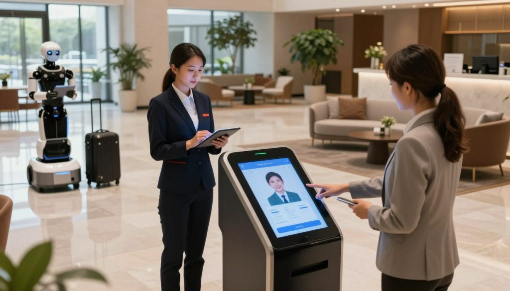 A modern, high-tech hotel lobby showcasing hospitality automation. In the foreground, a sleek, touch-screen kiosk where a guest in professional attire checks in effortlessly with a friendly digital assistant on the screen, emanating a welcoming glow. In the middle, staff members in professional uniforms are efficiently using tablets to manage guest services, with robotic assistants discreetly handling luggage in the background. The background features a spacious, well-lit lobby adorned with contemporary furniture, lush indoor plants, and large windows allowing natural light to flood the area. Warm tones highlight the atmosphere, conveying a sense of comfort and innovation. The image captures the essence of hospitality automation, blending technology with personalized service, shot from a slightly elevated angle to encompass the entire scene beautifully.