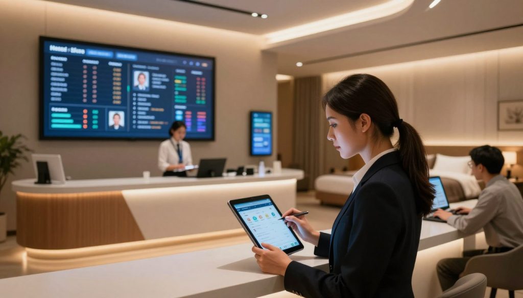 A modern hospitality management scene showcasing technology’s role in streamlining operations. In the foreground, a professional female manager, dressed in business attire, is reviewing data on a tablet with a focused expression. In the middle ground, an interactive digital dashboard displays hotel occupancy and guest feedback data, highlighting advanced analytics. Background elements include a sleek front desk area with a staff member engaging with a guest using a mobile check-in application, and smart room technology interfaces visible in guest rooms. Warm, ambient lighting creates an inviting atmosphere, while a wide-angle lens captures a bustling, high-tech environment. The mood is energetic and forward-thinking, reflecting innovation in the hospitality industry. A modern hospitality management scene showcasing technology’s role in streamlining operations. In the foreground, a professional female manager, dressed in business attire, is reviewing data on a tablet with a focused expression. In the middle ground, an interactive digital dashboard displays hotel occupancy and guest feedback data, highlighting advanced analytics. Background elements include a sleek front desk area with a staff member engaging with a guest using a mobile check-in application, and smart room technology interfaces visible in guest rooms. Warm, ambient lighting creates an inviting atmosphere, while a wide-angle lens captures a bustling, high-tech environment. The mood is energetic and forward-thinking, reflecting innovation in the hospitality industry.