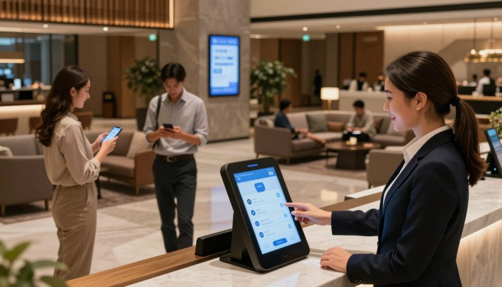 A modern hotel lobby showcasing the impact of technology on hospitality, focusing on contactless solutions. In the foreground, a smiling receptionist in professional attire interacts with a sleek, digital kiosk where guests can check in effortlessly. The middle ground features guests using their smartphones to access room keys and order services, highlighting ease and convenience. The background shows a stylish lobby filled with comfortable seating and ambient lighting, with digital screens displaying information about hotel amenities. The scene is illuminated by soft, warm lighting, creating a welcoming atmosphere. Capture the image from a slightly elevated angle to emphasize the flow and interaction within the space, evoking a sense of innovation and customer-centric service.