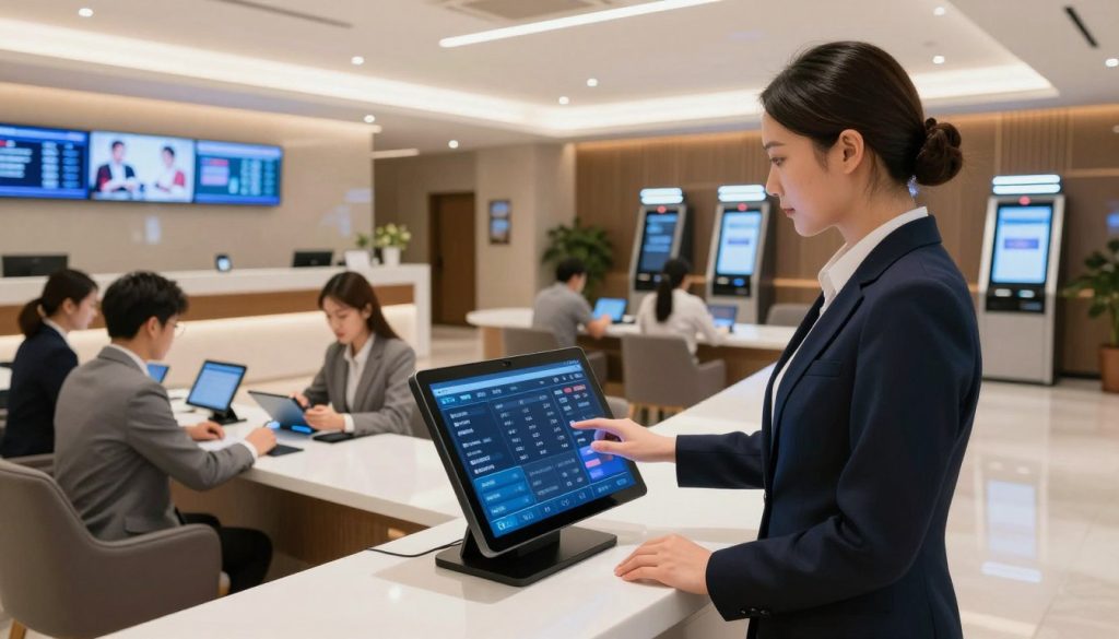 A modern hotel management scene showcasing advanced digital automation. In the foreground, a professional hotel manager dressed in smart attire interacts with a sleek touchscreen interface displaying real-time data, such as room availability and guest check-ins. In the middle ground, receptionists work efficiently at contemporary desks, using tablets for seamless customer service, with bright, diffused overhead lighting enhancing the workspace. The background features a stylish hotel lobby, with digital screens displaying hospitality information and automated kiosks for check-in. The atmosphere is vibrant and dynamic, underscoring innovation and efficiency in the hospitality industry, captured from a slightly elevated angle to provide depth and perspective.