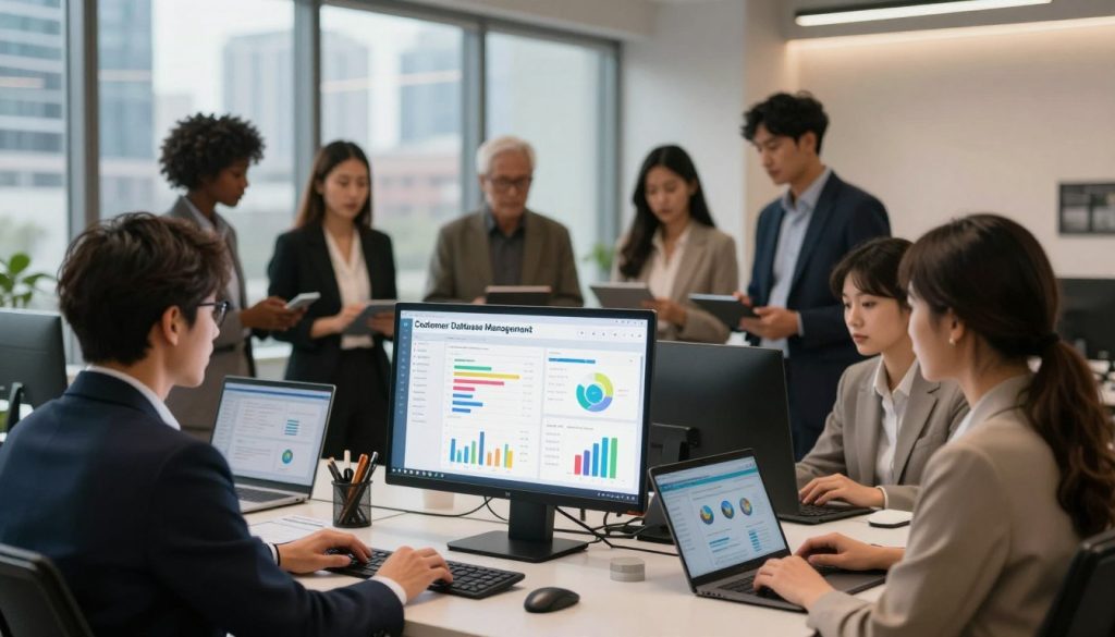 A modern office environment focused on "Customer Database Management" in the hospitality industry. In the foreground, a clean, well-organized desk featuring a computer screen displaying a colorful, interactive customer database interface with graphs and charts. In the middle ground, a diverse group of professionals in smart business attire, engaged in collaborative discussions, analyzing customer data displayed on tablets and laptops. The background showcases large windows with a view of a bustling cityscape, suggesting a vibrant hospitality scene. Soft, warm lighting filters through the room, creating an inviting atmosphere, while a slight focus blur on the background enhances the professionalism of the scene. The overall mood is one of productivity and teamwork, emphasizing the importance of customer relationship management in hospitality.