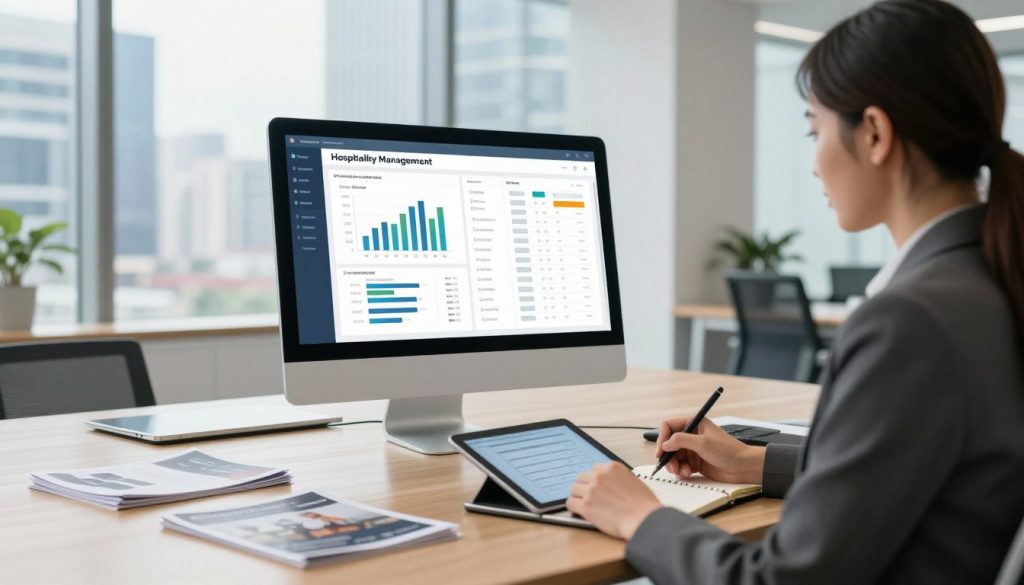 A modern office interior focused on hospitality management software, showcasing a sleek desktop screen displaying an intuitive user interface with graphs and scheduling tools designed for hotel operations. In the foreground, a professional woman in smart business attire is focused on the screen, taking notes on a tablet. In the middle ground, a stylish meeting table is scattered with tablets and brochures, symbolizing collaboration and efficiency. The background features a large window with a view of a bustling cityscape, emphasizing connectivity and modernity. Bright, natural lighting pours in, creating an inviting atmosphere, with a soft-focus lens effect enhancing the professional and innovative vibe of the space. The overall mood is one of productivity and sophistication, clearly illustrating the essence of hospitality management software.