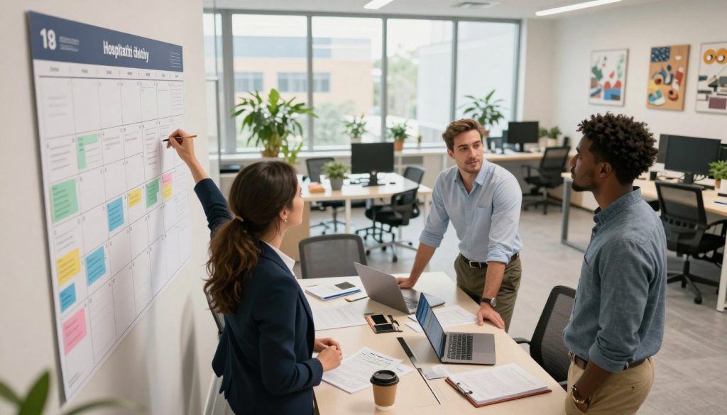 A modern office setting showcasing effective staff scheduling in the hospitality industry. In the foreground, a diverse group of three professionals, a woman in smart business attire and two men in casual but polished clothing, collaboratively review a large wall calendar filled with color-coded shifts and notes. In the middle, a sleek conference table littered with scheduling tools like laptops, notepads, and a coffee cup, highlighting an environment of productivity. The background reveals a bright, spacious office with large windows letting in natural light, plants, and hospitality-themed wall art. The overall atmosphere is focused, organized, and motivating, with soft, warm lighting creating a friendly yet professional mood. The perspective should be slightly angled from above, offering a dynamic view of the scheduling process in action.
