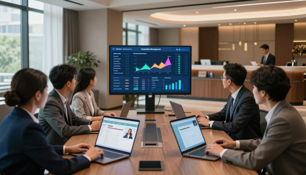 A modern office setting showcasing hospitality management software in action. In the foreground, a diverse group of professionals in business attire are engaged in a collaborative meeting around a sleek conference table, with laptops open displaying user-friendly software interfaces related to hotel management. In the middle, large monitor screens display real-time data visualizations and operational dashboards filled with colorful graphs. The background shows an elegant reception area of a hotel, with soft, natural light filtering through large windows, creating a welcoming ambiance. The overall mood conveys efficiency, innovation, and professionalism, emphasizing how technology simplifies hospitality operations. Shot with a wide-angle lens to capture the collaborative space and dynamic atmosphere.