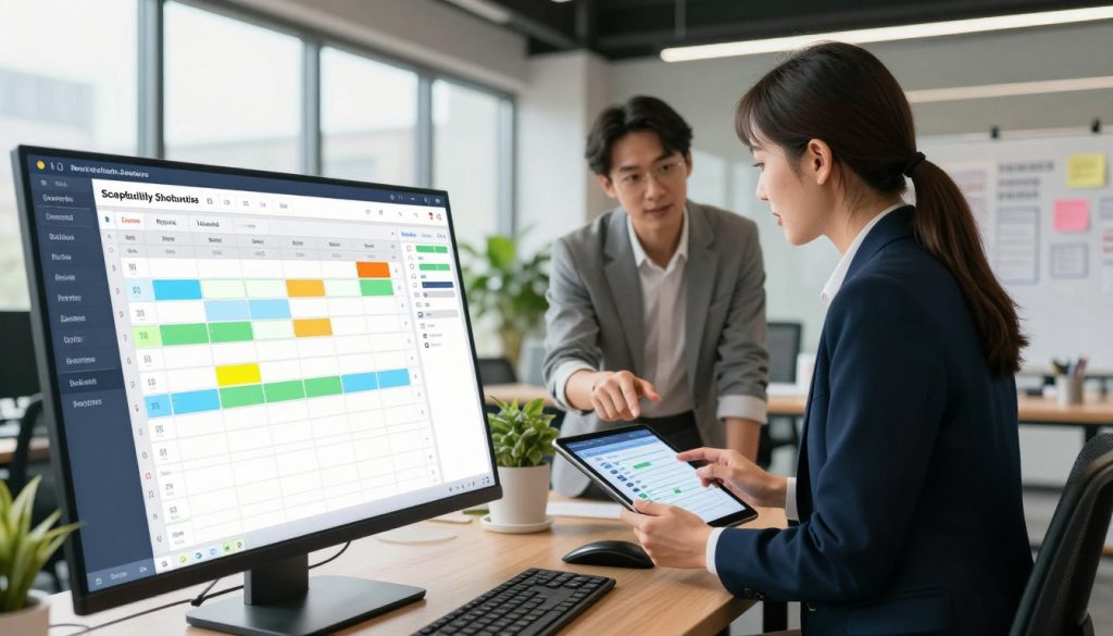 A modern office setting showcasing staff scheduling software designed for the hospitality industry. In the foreground, a large screen displays a colorful, interactive scheduling interface with employee shifts, highlights on busy hours, and drag-and-drop functionality. In the middle, two professionals, one male and one female, are engaged in a discussion, both dressed in smart business attire, analyzing the software on a tablet. The background features a bright, open-plan office with large windows allowing natural light to flood in, plants for a welcoming atmosphere, and a whiteboard filled with notes about team shifts and assignments. The mood is productive and collaborative, emphasizing efficiency in staff management. The angle is slightly tilted to capture both the screen and the professionals engaged in the task.