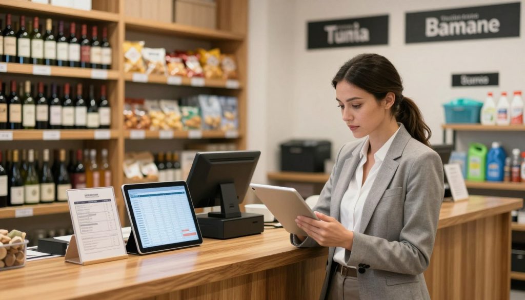 A modern, organized inventory management scene in a hospitality setting. In the foreground, a professional woman in business attire examines a digital tablet with a focused expression, surrounded by shelves filled with neatly labeled stock items like wine bottles, snacks, and cleaning supplies. The middle ground features a sleek wooden counter displaying inventory lists and a cash register, while the background shows a well-lit storage area with clear signage and bins. Soft, natural lighting illuminates the scene, creating a warm and efficient atmosphere. The image should convey a sense of order and professionalism, emphasizing the importance of precise inventory tracking in the hospitality industry.