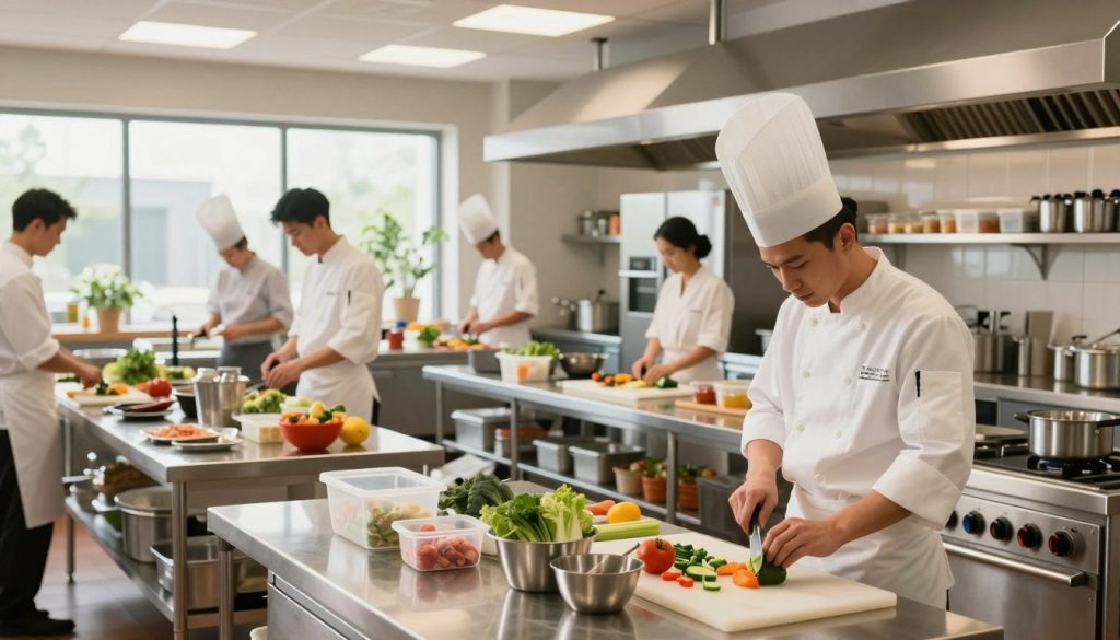A modern, organized kitchen bustling with activity, showcasing efficient kitchen operations. In the foreground, a professional chef in a crisp, white uniform skillfully chops vegetables on a clean, stainless-steel countertop. The middle ground features an orderly line of food preparation stations, each equipped with essential tools, fresh ingredients, and neatly labeled containers. In the background, large windows allow natural light to flood the space, illuminating the sleek appliances and wall-mounted storage solutions. The atmosphere is vibrant yet focused, reflecting productivity and teamwork. A wide-angle perspective captures the entire room, emphasizing the flow of movement and organization, with warm lighting that creates an inviting and professional environment.
