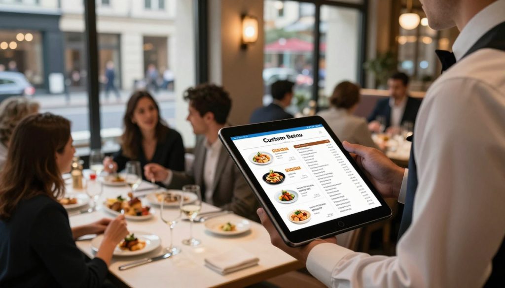 A modern restaurant scene showcasing a beautifully presented custom menu integration. In the foreground, a well-dressed waiter attentively holds a tablet displaying a vibrant digital menu featuring customizable dishes and seasonal specials, highlighting the innovative technology. In the middle ground, tables are adorned with elegant table settings and patrons engaged in animated conversation, savoring their meals. Soft, warm lighting creates an inviting atmosphere, while large windows in the background reveal a lively street view outside, suggesting a bustling urban environment. The overall mood is dynamic and sophisticated, reflecting a contemporary dining experience focused on personalized service and menu choices. The image captures the essence of hospitality business innovation, emphasizing elegance and customer engagement. A modern restaurant scene showcasing a beautifully presented custom menu integration. In the foreground, a well-dressed waiter attentively holds a tablet displaying a vibrant digital menu featuring customizable dishes and seasonal specials, highlighting the innovative technology. In the middle ground, tables are adorned with elegant table settings and patrons engaged in animated conversation, savoring their meals. Soft, warm lighting creates an inviting atmosphere, while large windows in the background reveal a lively street view outside, suggesting a bustling urban environment. The overall mood is dynamic and sophisticated, reflecting a contemporary dining experience focused on personalized service and menu choices. The image captures the essence of hospitality business innovation, emphasizing elegance and customer engagement.