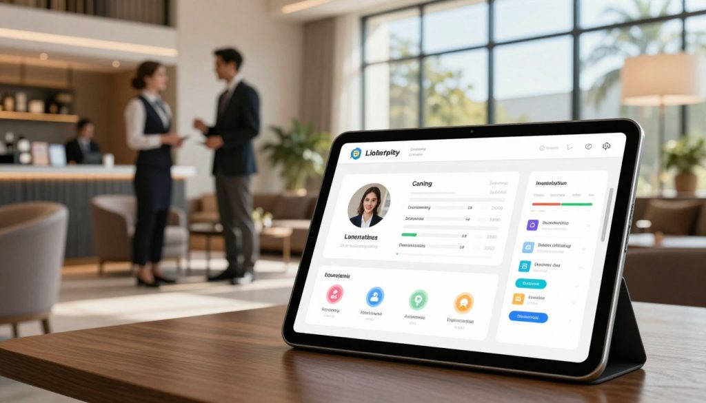 A modern, sleek CRM platform interface designed for the hospitality industry, prominently displayed on a high-resolution tablet in the foreground. The tablet showcases key features like guest profiles, booking management, and analytics dashboards, visually represented with vibrant icons and an easy-to-navigate layout. In the middle ground, a stylish hotel lobby with welcoming decor and professional staff in business attire interacting with guests, reflecting excellent customer service. The background features large windows revealing a sunny day, creating a warm atmosphere with natural light pouring in, enhancing the professionalism of the scene. The composition should have a slight depth of field effect, focusing on the tablet while maintaining sharp details in the hotel lobby, evoking a sense of efficiency and modernity in hospitality management.