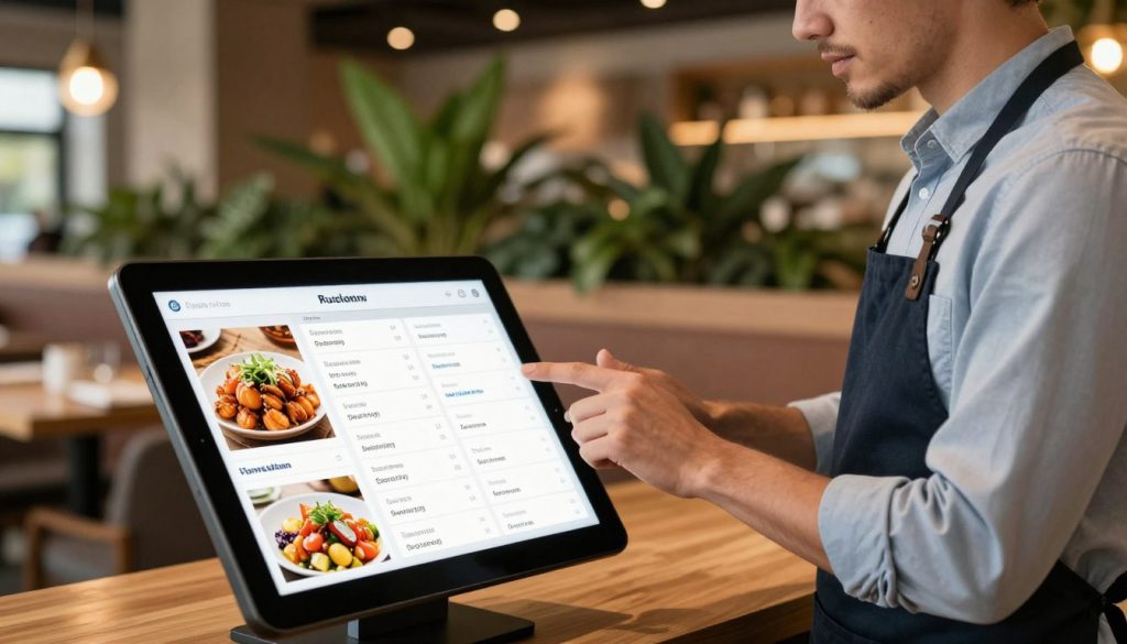 A modern, sleek digital menu interface showcased prominently in the foreground, with vibrant food images and customizable options displayed on a touchscreen tablet. In the middle, a professional-looking restaurant manager interacts with the tablet, wearing a stylish button-up shirt and apron, examining the menu items with a focused expression. The background features an elegantly decorated restaurant environment with soft ambient lighting, warm wood tones, and lush green plants to create a welcoming atmosphere. The scene is captured using a close-up angle that emphasizes the digital device and the engaging customization process, fostering a sense of innovation and efficiency in hospitality business. A modern, sleek digital menu interface showcased prominently in the foreground, with vibrant food images and customizable options displayed on a touchscreen tablet. In the middle, a professional-looking restaurant manager interacts with the tablet, wearing a stylish button-up shirt and apron, examining the menu items with a focused expression. The background features an elegantly decorated restaurant environment with soft ambient lighting, warm wood tones, and lush green plants to create a welcoming atmosphere. The scene is captured using a close-up angle that emphasizes the digital device and the engaging customization process, fostering a sense of innovation and efficiency in hospitality business.