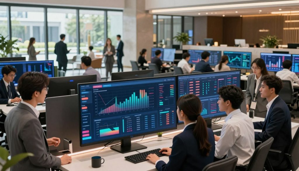 A modern, sleek workspace showcasing real-time reporting solutions for hospitality analytics. In the foreground, a diverse group of professionals dressed in smart business attire is gathered around a large digital display, analyzing data with focused expressions. The middle layer features high-tech screens displaying colorful graphs and key performance indicators, illuminated with soft LED lighting to create an engaging atmosphere. In the background, large windows reveal a bustling hotel lobby, with guests interacting and enjoying their stay, emphasizing the connection between data and guest experience. The scene is captured with a wide-angle lens, bathed in natural light to convey a sense of energy and innovation in the hospitality industry.