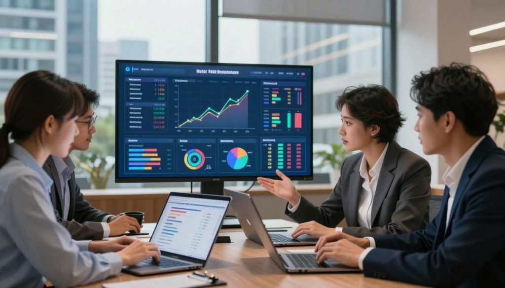A modern, vibrant office environment focused on reporting and analytics within the hospitality sector. In the foreground, a diverse group of three professionals in business attire are intently analyzing data on sleek laptops, sharing insights with charts and graphs visible on their screens. In the middle, a large digital dashboard displays colorful, interactive data visualizations related to hotel occupancy, revenue trends, and customer feedback, illuminated by soft, warm lighting. In the background, large windows reveal a bustling cityscape, suggesting a hospitality setting, like a hotel or restaurant, infused with natural light. Overall, the mood is collaborative and engaging, conveying the importance of data-driven decision-making in the hospitality industry.