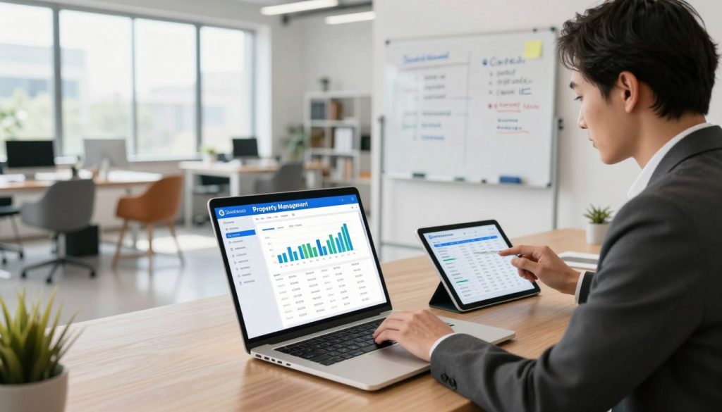 A modern workspace showcasing property management software in action. In the foreground, a sleek laptop displays a vibrant dashboard filled with graphs and property listings. Next to it, a professional in business attire is analyzing data on a tablet, exuding focus and engagement. In the middle ground, an open floor plan reveals stylish office furniture and a whiteboard filled with notes on software features. The background features large windows with natural light streaming in, creating an inviting atmosphere. The lighting is bright and clear, enhancing the modern technology vibe. The overall mood is productive and innovative, capturing the essence of hospitality software that enhances operational efficiency.