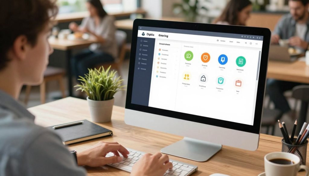 A sleek, modern digital ordering platform showcased on a computer screen, displaying an intuitive interface filled with vibrant icons and user-friendly menus. In the foreground, a professional in smart casual attire interacts with the device, appearing focused and engaged. The middle layer features a stylish office environment with desk elements like a notebook, coffee cup, and plants, creating a productive atmosphere. The background holds soft-focus elements of a bustling café with customers enjoying their meals, subtly hinting at the connection between technology and service. The lighting is bright and inviting, resembling a sunny day that enhances the mood of productivity and efficiency. Capture this scene from a slightly elevated angle to provide a comprehensive view of the workspace and ordering interface.