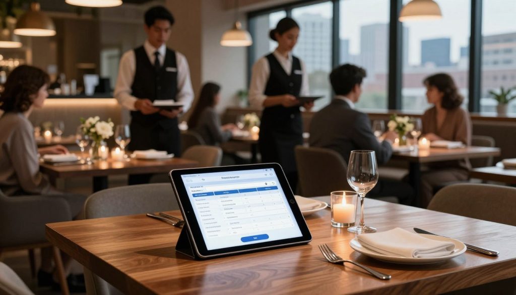 A sleek, modern restaurant interior showcasing a stylish table reservation management setup. In the foreground, a polished wooden table displays a smart tablet with a reservation management app open, while a neatly arranged place setting appears alongside it. In the middle, waitstaff in professional attire are efficiently attending to guests, ensuring a seamless dining experience. The background features elegantly arranged dining tables, adorned with flickering candles and fresh flowers, creating an inviting atmosphere. Soft, warm lighting highlights the cozy ambiance, while large windows reveal a scenic view of the city skyline. The overall mood is one of sophistication and professionalism, emphasizing best practices in table reservation management.