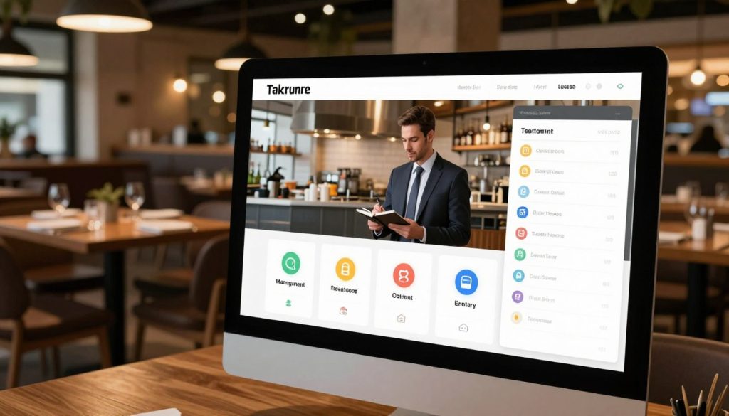 A sleek, modern restaurant management software interface displayed on a computer screen in a stylish restaurant setting. In the foreground, the screen shows intuitive dashboards featuring essential features like table management, order tracking, inventory control, and staff scheduling icons, all in a colorful and user-friendly layout. In the middle, a professional-looking restaurant manager, wearing business attire, interacts with the software, taking notes. The background reveals an elegantly designed dining area with wooden tables, ambient lighting, and a view of a bustling kitchen. The scene captures a productive atmosphere, illuminated with warm lighting to convey a sense of efficiency and professionalism. The angle is slightly elevated, providing a clear view of both the interface and the restaurant environment.