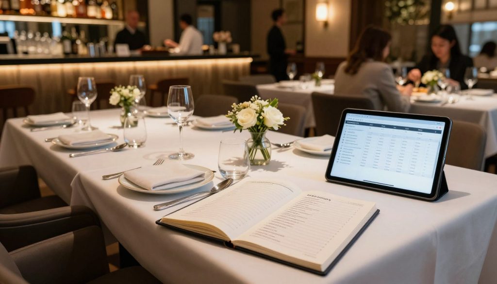A sophisticated, elegantly set dining table in a busy restaurant environment, showcasing well-organized table reservations. In the foreground, a neatly displayed reservation book and a tablet showing a digital reservation system, adding a modern touch. In the middle, tables arranged with fine china, sparkling glassware, and fresh flowers, creating an inviting atmosphere. The background features an illuminated bar and patrons enjoying their meals, emphasizing a lively yet professional ambiance. Soft, warm lighting casts a welcoming glow, enhancing the intimate feel of the venue. A wide-angle perspective invites viewers to appreciate the overall layout and organization, illustrating the significance of table reservations in maximizing revenue. The mood is bustling yet refined, reflecting a successful dining experience.