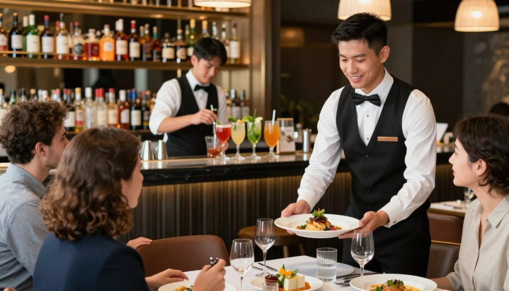 A vibrant, busy restaurant scene focusing on food and beverage management in a modern hospitality setting. In the foreground, a professional server in smart attire presents an elegantly plated dish to guests at a well-set table. In the middle, a bartender skillfully prepares cocktails with fresh ingredients, showcasing efficient teamwork. The background features a sleek bar area with a diverse array of drinks, illuminated by soft, warm lighting. The atmosphere is one of heightened energy and sophistication, reflecting a commitment to excellent service and guest satisfaction. The composition is captured with a slight depth of field, emphasizing the interactions and the dynamic environment, while maintaining a professional and polished look throughout. A vibrant, busy restaurant scene focusing on food and beverage management in a modern hospitality setting. In the foreground, a professional server in smart attire presents an elegantly plated dish to guests at a well-set table. In the middle, a bartender skillfully prepares cocktails with fresh ingredients, showcasing efficient teamwork. The background features a sleek bar area with a diverse array of drinks, illuminated by soft, warm lighting. The atmosphere is one of heightened energy and sophistication, reflecting a commitment to excellent service and guest satisfaction. The composition is captured with a slight depth of field, emphasizing the interactions and the dynamic environment, while maintaining a professional and polished look throughout.