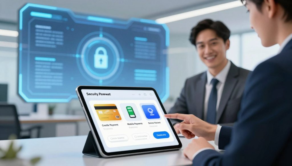A visually appealing and modern digital illustration showcasing a variety of secure payment gateway options for hospitality operators. In the foreground, display a sleek and sophisticated tablet featuring a simplified interface displaying distinct payment options like credit cards, mobile payments, and online wallets. The middle section should present a futuristic office setting with a well-dressed professional analyzing the tablet with a sense of satisfaction. In the background, a large digital screen highlights graphics of secure transactions and encryption symbols, emphasizing security. Use bright lighting to convey a sense of innovation, with soft-focus elements to create depth. The overall mood is professional and optimistic, reflecting the advancement of payment technologies in the hospitality sector.