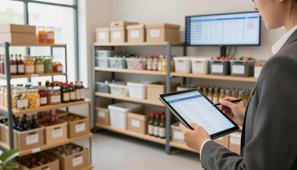 A well-organized inventory management workspace in a hospitality setting, featuring shelves stocked with various food and beverage items, labeled storage bins, and a digital inventory tracking screen. In the foreground, a person wearing professional business attire is actively engaged with a tablet, checking off items on a checklist. The middle ground showcases neatly arranged inventory, including boxes and containers, all clearly labeled for easy identification. In the background, there's a light-filled room with large windows, accentuating the cleanliness and efficiency of the space. Soft, natural lighting illuminates the scene, creating a focused and productive atmosphere, ideal for effective inventory management in a bustling hospitality environment.