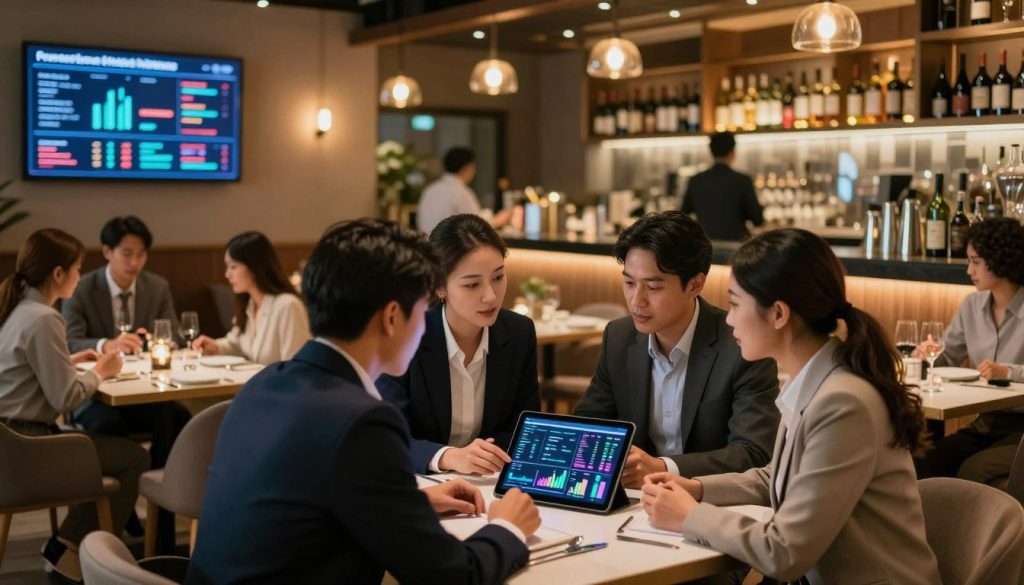 A bustling restaurant setting showcasing the concept of business intelligence in action. In the foreground, a diverse group of three professionals in business attire, two men and one woman, are engaged in a discussion over a sleek tablet filled with colorful graphs and data analytics. The middle ground features a modern restaurant dining area with tables set for patrons, and a large screen displaying key performance indicators. In the background, a well-decorated bar with shelves of fine wines and a warm ambiance created by soft, diffused lighting. The atmosphere is energetic yet focused, reflecting the importance of data-driven decisions in enhancing restaurant efficiency. The angle should be slightly elevated to capture the interaction and the vibrant setting effectively.