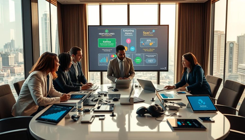 A conference room setting focused on hotel technology implementation best practices. In the foreground, a diverse group of three professionals in business attire collaborate around a sleek, modern table cluttered with digital devices like tablets and laptops displaying graphs and data. In the middle ground, a large interactive screen showcases key points about technology integration, with colorful visuals illustrating connectivity and workflow. The background features floor-to-ceiling windows with a view of a bustling city skyline, allowing natural light to flood the room, creating an optimistic atmosphere. The scene captures a sense of purpose and collaboration, emphasizing execution and integration best practices in hospitality tech. The overall mood is vibrant and professional, reflecting innovation and teamwork.