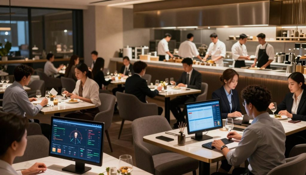 A high-tech restaurant environment showcasing the Hospoware integrated hospitality system. In the foreground, a diverse team of professionals in smart business attire is engaged with touch screens displaying analytics, data charts, and customer interactions. In the middle ground, a sleek, modern dining area featuring elegant tables and ambient lighting underscores a dynamic atmosphere of efficiency and innovation. The background illustrates an open kitchen with chefs collaborating, implying a seamless operational flow. Soft, welcoming lighting casts a warm glow, highlighting the engaging interaction between staff and technology. The scene evokes a sense of forward-thinking growth within the Australian hospitality industry, emphasizing data-driven decision-making in a contemporary setting.