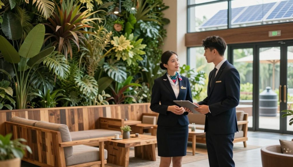 A luxurious, eco-friendly hotel lobby designed with sustainable materials. In the foreground, a professional male and female hospitality manager, dressed in smart business attire, elegantly discuss a green initiative. In the middle ground, modern furniture crafted from reclaimed wood and indoor plants create a fresh ambiance. Large windows in the background let in soft, natural light, highlighting a green wall filled with lush foliage. Solar panels are subtly visible on the roof outside, and rainwater collection barrels can be seen through glass doors. The mood is inviting and innovative, promoting a sense of community and responsibility toward the environment. The scene is captured with a warm color palette and a slight depth of field to create an intimate atmosphere, as if inviting viewers to experience the benefits of sustainable hospitality.