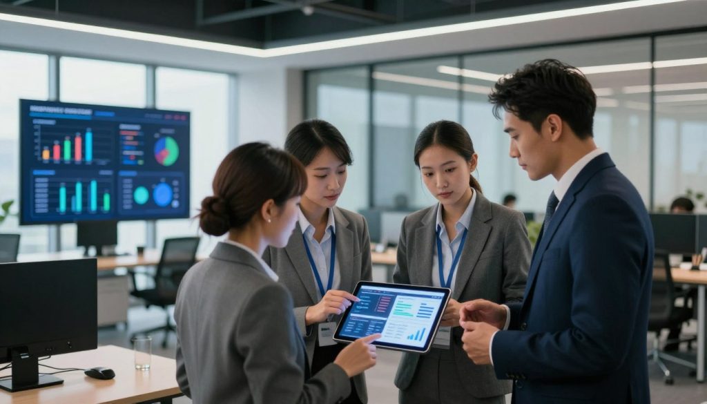 A modern and sophisticated office environment depicting integrated hospitality systems. In the foreground, a diverse group of three professionals in smart business attire collaborate over a digital tablet, showcasing hospitality data and analytics. The middle ground features large screens displaying graphical representations of key performance indicators and customer insights, illuminated by soft, ambient lighting. In the background, a sleek workspace designed with open spaces and glass partitions, hinting at teamwork and innovation. Natural light streams through large windows, creating a bright and encouraging atmosphere. Overall, the image conveys a sense of efficiency, modernity, and strategic growth in the hospitality industry.