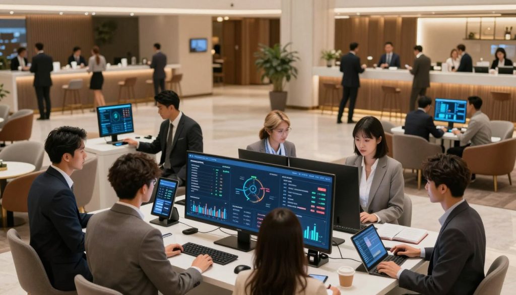 A modern business environment showcasing integrated hospitality systems. In the foreground, a diverse group of professionals in business attire collaborate around a sleek digital dashboard displaying various KPIs and analytics. The middle ground features high-tech devices like tablets and screens showing real-time data, while stylish furniture adds a contemporary touch. The background highlights a stylish hotel lobby with customers and staff interacting, emphasizing the seamless technology integration. Soft, warm lighting creates an inviting atmosphere, with a focus on clarity and efficiency. Shot from a slightly elevated angle, capturing the bustling activity and innovation in the hospitality industry. The overall mood feels dynamic and forward-thinking, reflecting the transformation brought about by integrated hospoware technology.