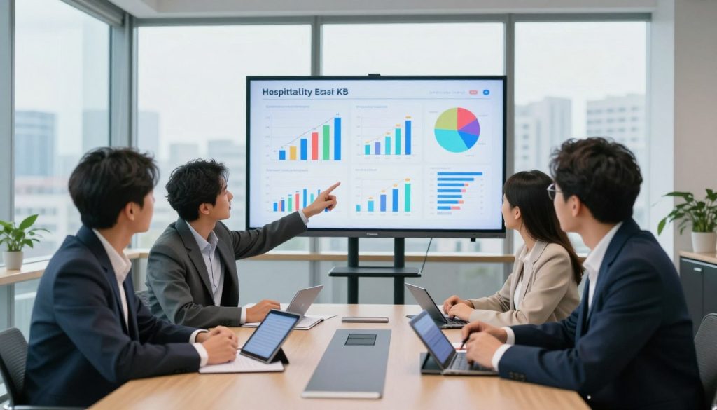 A modern conference room bathed in soft natural light, showcasing a sleek presentation screen displaying colorful graphs and charts representing hospitality technology KPIs. In the foreground, a diverse group of three professionals dressed in business attire—two men and one woman—are engaged in a collaborative discussion, pointing at the data displayed. The middle ground features a stylish conference table with digital tablets and documents scattered around, emphasizing a tech-focused atmosphere. The background reveals large windows overlooking a cityscape, creating an open and inviting space. The overall mood is innovative and productive, capturing the essence of teamwork in the hospitality industry while monitoring essential metrics.