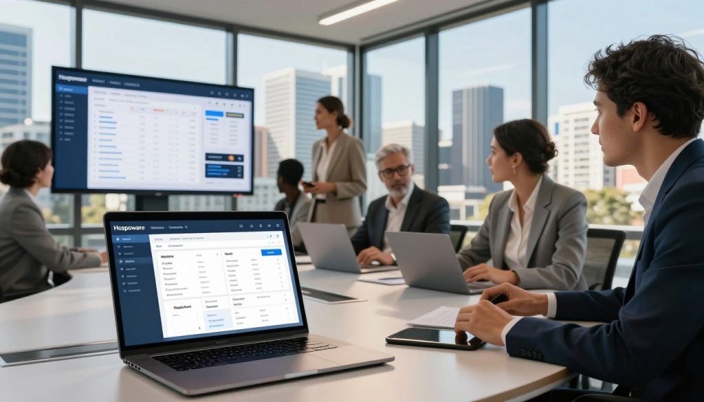 A modern, high-tech conference room showcasing the Hospoware integrated hospitality system. In the foreground, a sleek tablet and laptop display the user-friendly interface for hotel management. In the middle, a diverse group of professionals in business attire collaborates over the technology, appearing engaged and focused. They examine digital analytics and booking systems on large screens. The background features large windows with a view of a bustling Australian cityscape bathed in natural sunlight, enhancing the atmosphere of innovation and connectivity. The overall mood is vibrant and dynamic, reflecting a cutting-edge approach to hospitality management. The image should be realistically detailed, capturing the essence of modern hospitality technology.
