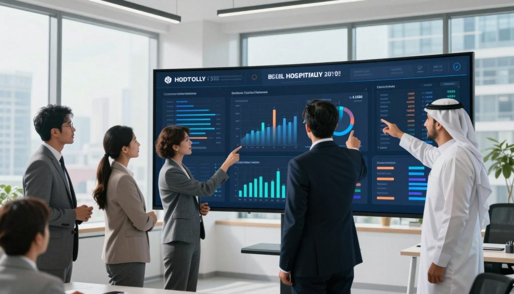 A modern, high-tech hospitality dashboard displayed on a sleek, curved screen in a bright, contemporary office space. In the foreground, a diverse group of professionals in smart business attire, including a woman of Asian descent and a man of Middle Eastern descent, are engaged in a discussion while pointing at key metrics visible on the dashboard. The middle ground features various graphs, charts, and real-time data streams related to hotel performance and guest satisfaction. The background showcases large windows letting in natural light, revealing a vibrant urban landscape outside. The atmosphere is dynamic and collaborative, emphasizing innovation and efficiency. Soft, neutral lighting enhances the clarity of digital displays, conveying a sense of professionalism and forward-thinking in the hospitality industry.