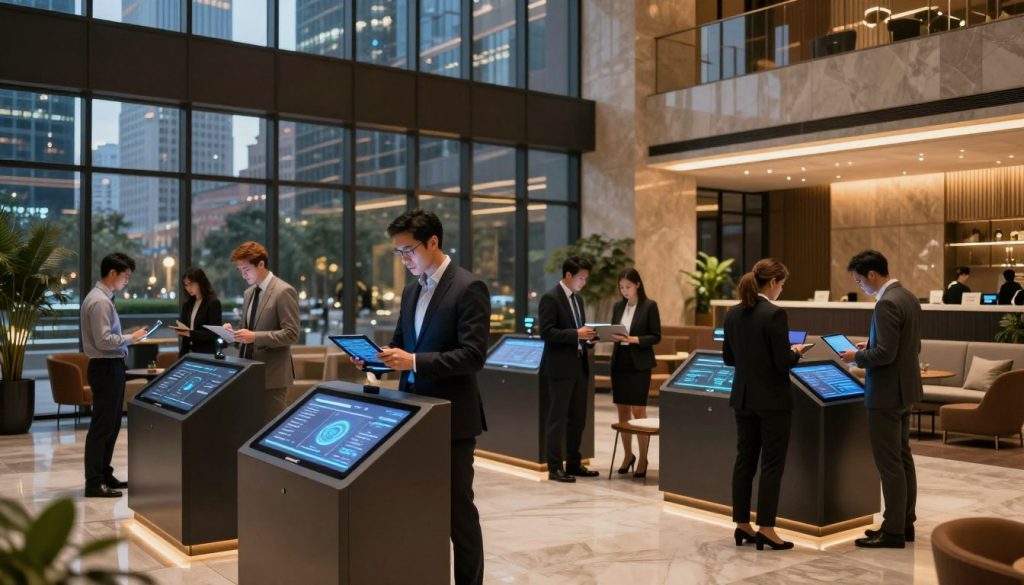 A modern, high-tech hotel lobby showcasing advanced digital transformation. In the foreground, sleek touch-screen kiosks and interactive digital displays integrate seamlessly into the design. The middle ground features a diverse group of professionals in business attire, collaborating and analyzing data on tablets and laptops, conveying a sense of innovation and teamwork. The background includes large glass windows with a view of a bustling city skyline, illuminated by warm, inviting light that enhances the modern atmosphere. Soft, ambient lighting highlights the sophisticated decor, with plants and comfortable seating areas adding a touch of warmth. The overall mood is dynamic and forward-thinking, embodying operational excellence in the hospitality industry.
