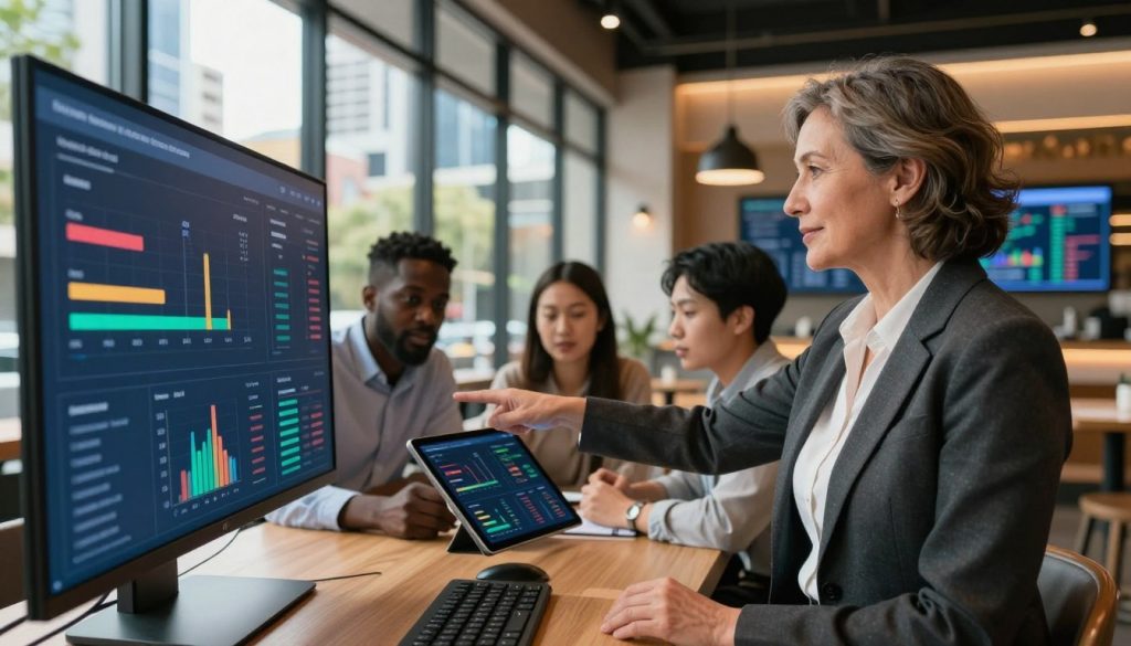 A modern hospitality business setting showcasing a diverse group of professionals collaboratively analyzing data on large, interactive screens. In the foreground, a confident, middle-aged woman in business attire points at a digital dashboard displaying colorful graphs and metrics. The middle ground features two colleagues, one Black and one Asian, engaged in discussion, reviewing charts on a tablet. In the background, a beautifully designed café with clean lines and warm lighting, featuring large windows showing a bustling Australian cityscape outside. Soft, natural light streams through the windows, creating an inviting atmosphere. The image captures a productive, innovative mood, highlighting the transformative power of business intelligence in the hospitality industry.