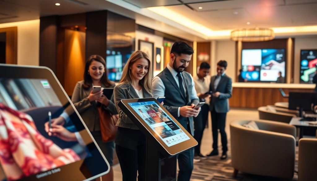 A modern hospitality environment showcasing cutting-edge technology for enhancing guest experiences. In the foreground, a sleek touchscreen kiosk displaying hotel information, surrounded by happy guests interacting with digital devices. In the middle ground, a concierge in professional attire assists guests, while a smart tablet is seen on the reception desk showing real-time data. The background features a stylish lobby with ambient lighting, comfortable seating, and digital displays showcasing promotions. Soft, warm lighting creates a welcoming atmosphere, with a slight lens flare to enhance the tech-savvy vibe. The focus is on how technology seamlessly integrates into guest services, reflecting a balance of efficiency and satisfaction in a modern hospitality setting.