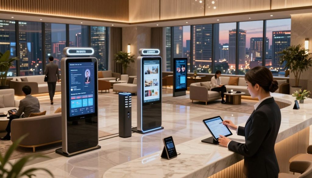 A modern hospitality technology ecosystem in a sleek, futuristic hotel lobby. In the foreground, an elegantly dressed receptionist uses a tablet to check in guests, with advanced digital screens displaying real-time information. The middle features various interactive kiosks, showcasing hotel services and amenities, surrounded by comfortable seating areas with charging stations. In the background, large windows reveal a vibrant city skyline, bathed in warm, ambient lighting, creating an inviting atmosphere. The entire scene is shot from a slightly elevated angle, emphasizing the interconnectedness of technology in hospitality. Soft, diffused lighting highlights the sleek design elements while maintaining a professional, welcoming mood.
