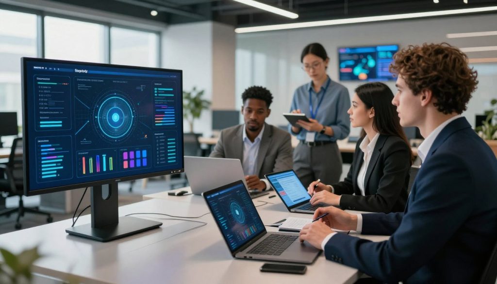 A modern hospitality technology workspace, showcasing a sleek digital interface on a large touchscreen display in the foreground, surrounded by professionals in smart business attire engaged in discussion. In the middle, a diverse team of individuals analyzes data on tablets and laptops, highlighting collaboration in a dynamic, tech-focused environment. The background features a stylish office with minimalist furniture, large windows letting in natural light, and digital transformation visuals on screens. Soft, focused lighting enhances the professional atmosphere, while a hint of vibrant color accents adds a touch of innovation. The angle captures the team's interaction with technology, emphasizing the importance of selecting the right digital ecosystem in hospitality solutions.