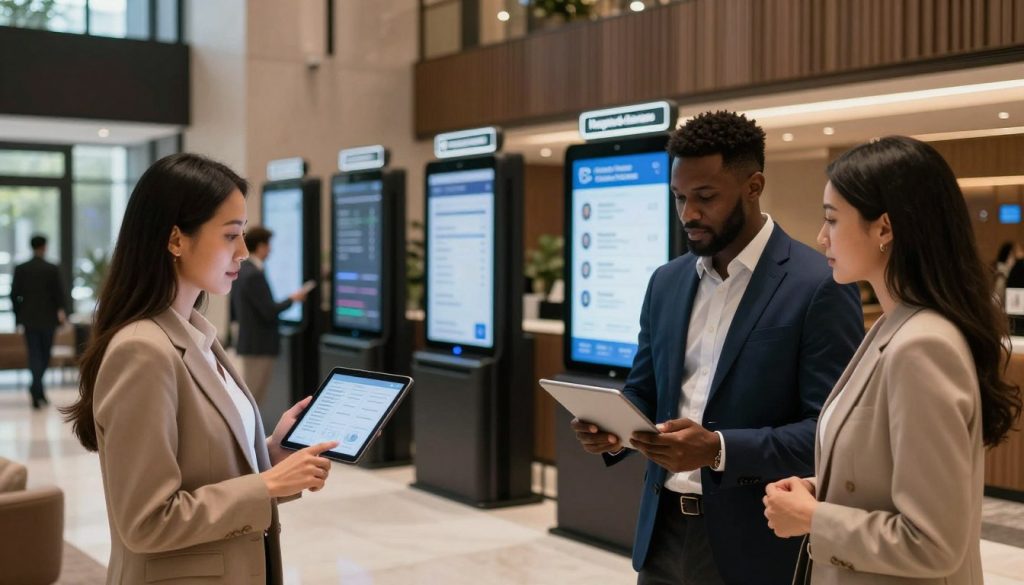 A modern hotel lobby bustling with activity, showcasing integrated hospitality systems. In the foreground, a diverse group of three professionals dressed in smart business attire—an Asian woman, a Black man, and a Hispanic woman—are engaged in a discussion while examining a digital tablet displaying analytics. In the middle, sleek kiosks and digital screens demonstrate real-time booking and customer service features, emphasizing efficiency and innovation. The background features elegant decor with soft ambient lighting, creating a warm and inviting atmosphere. Large windows let in natural light, enhancing the modern architecture. The overall mood conveys progress and connectivity in hospitality management, highlighting the potential for scalable growth within the Hospoware ecosystem.