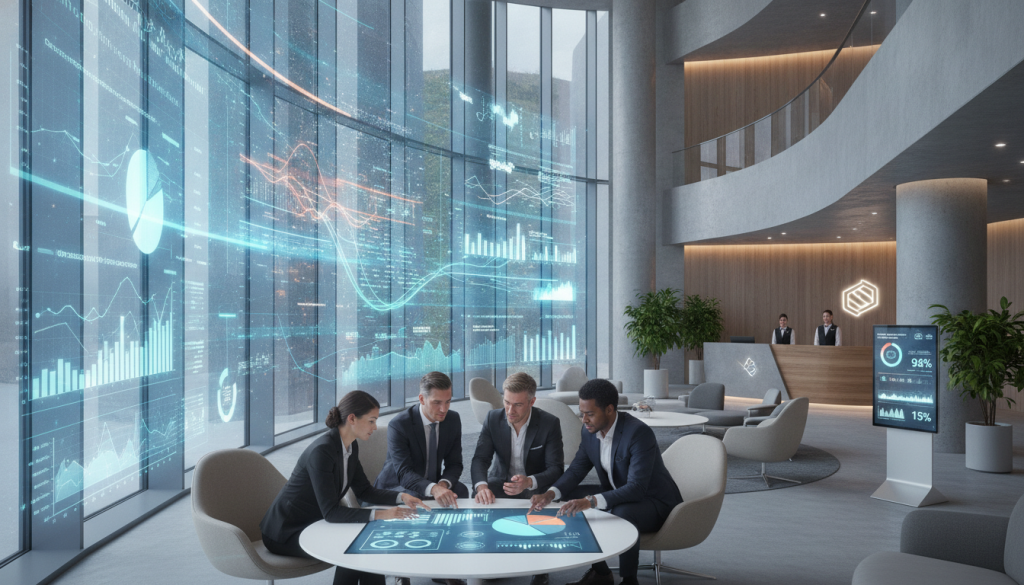 A modern hotel lobby filled with intricate data analytics visuals, including graphs and charts projected onto a glass wall. In the foreground, a diverse group of professionals in business attire collaborate around a digital tablet showing real-time data insights on guest preferences and operational efficiency. The middle ground features sleek, high-tech furniture and an interactive digital display that showcases hotel metrics. The background reveals a stylish reception desk with subtle ambient lighting, creating a welcoming atmosphere. The entire scene is brightly lit with natural light coming through large windows, enhancing the sense of innovation and technology in the hospitality space. The mood is dynamic and proactive, emphasizing a future-focused approach to enhancing guest satisfaction.